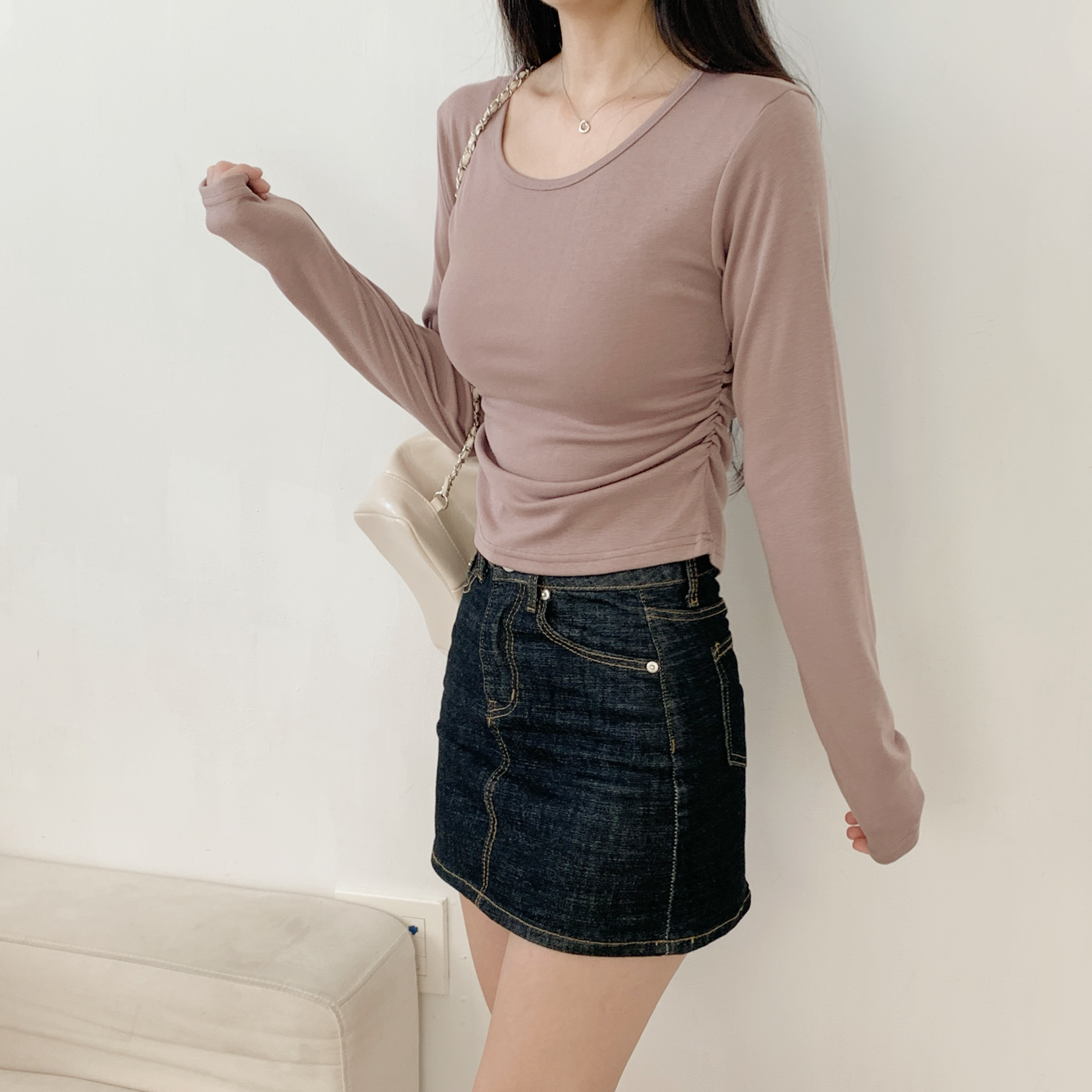 裏起毛Uネックシャーリングクロップドスリム無地Tシャツ | 詳細画像2