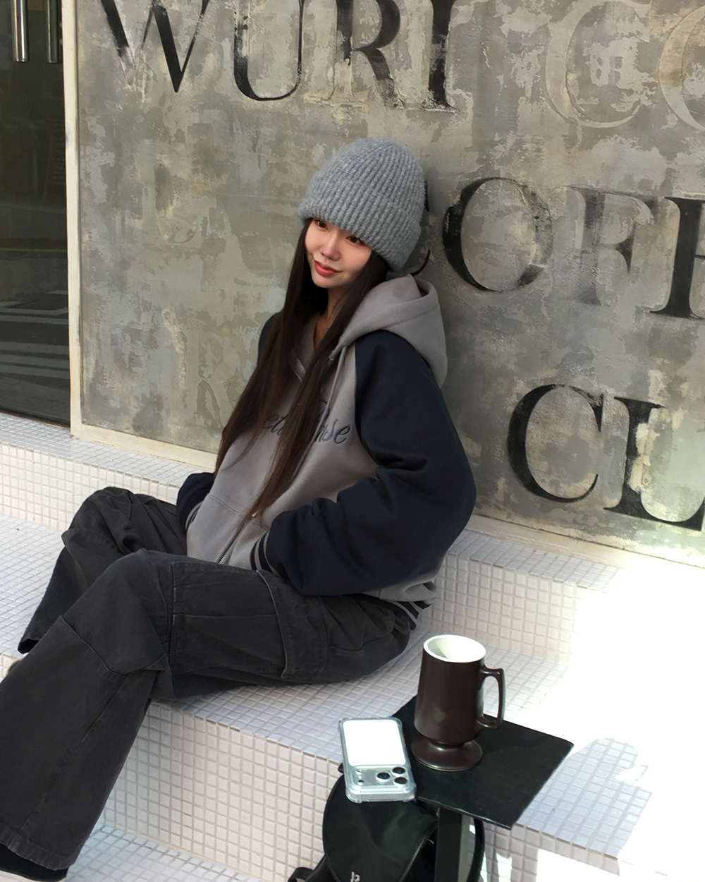 裏起毛配色長袖ルーズジップアップフードポケットジップパーカー