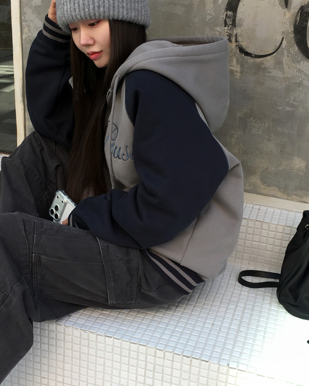 裏起毛配色長袖ルーズジップアップフードポケットジップパーカー