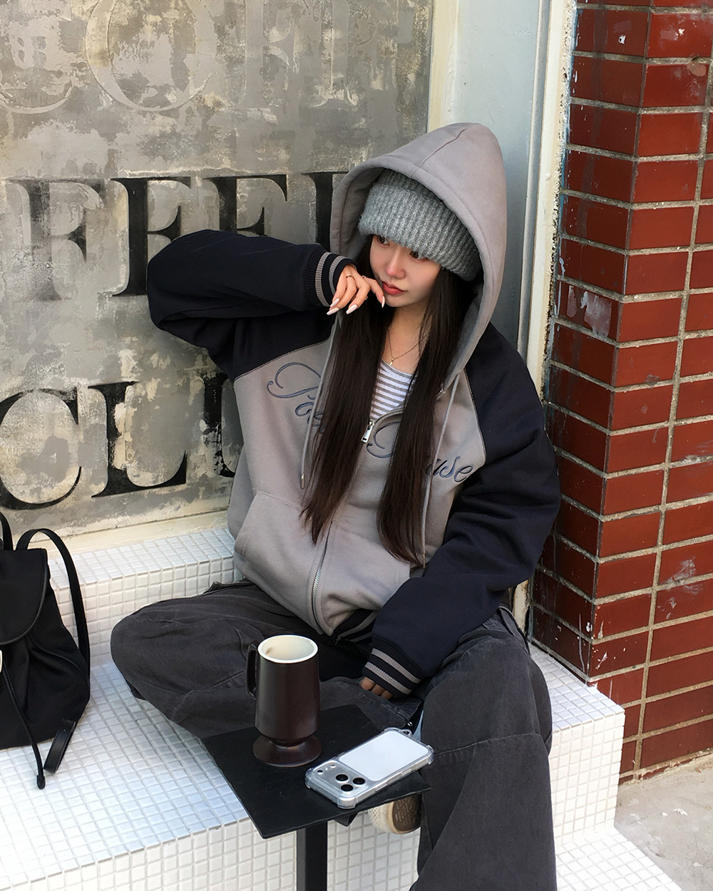 裏起毛配色長袖ルーズジップアップフードポケットジップパーカー