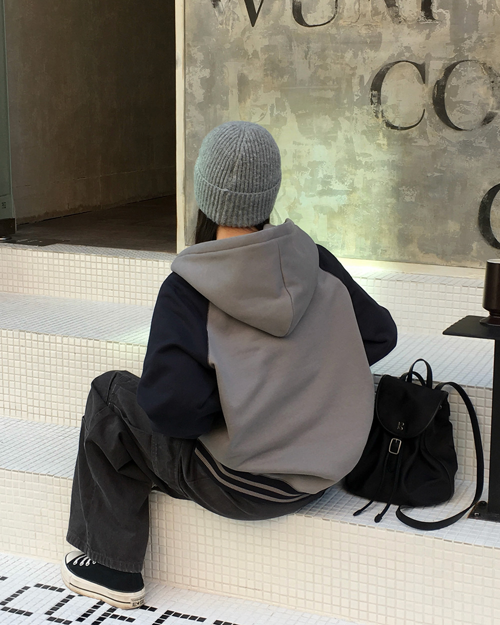 裏起毛配色長袖ルーズジップアップフードポケットジップパーカー