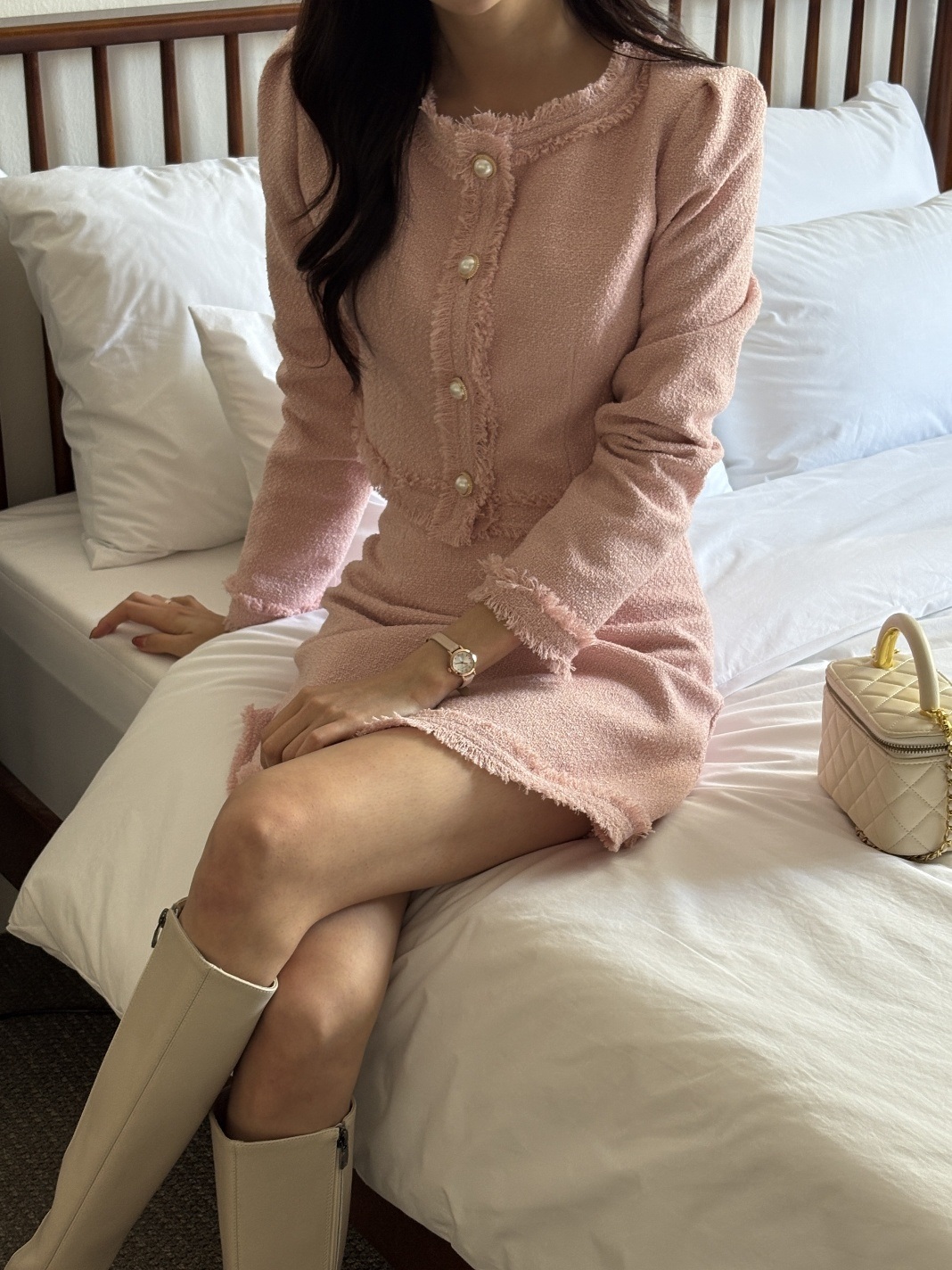 ツイードジップアップラウンドネックノーカラーパール調ボタンスリム長袖ミニセットアップスカートジャケット | 詳細画像3