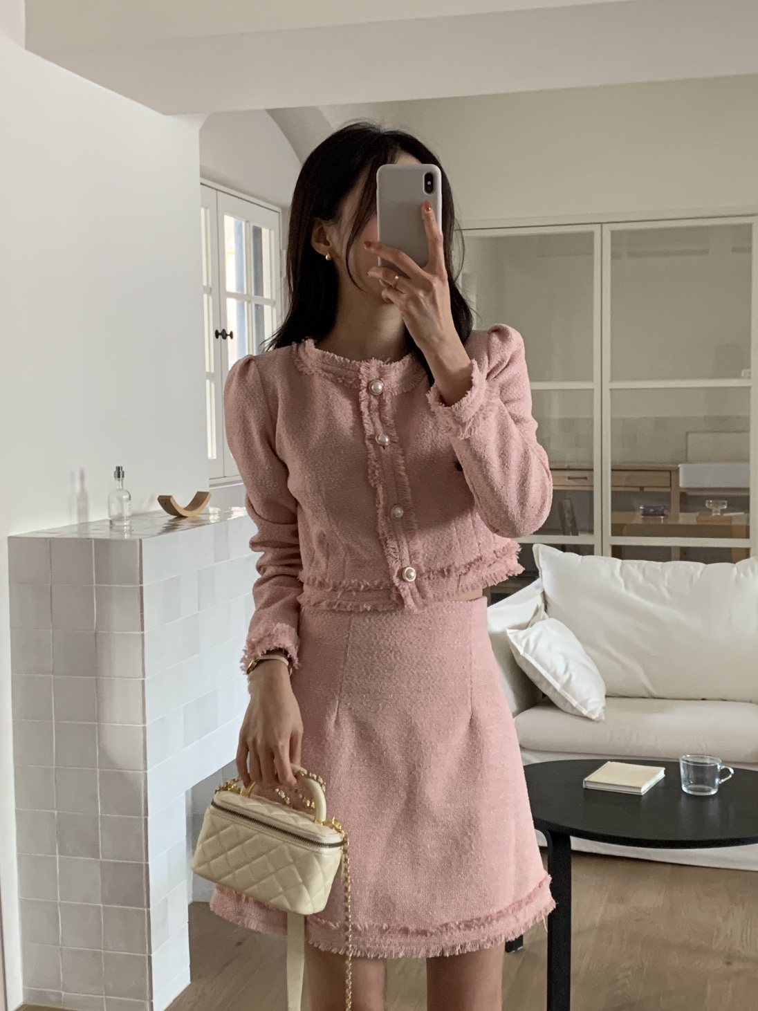 ツイードジップアップラウンドネックノーカラーパール調ボタンスリム長袖ミニセットアップスカートジャケット | 詳細画像4