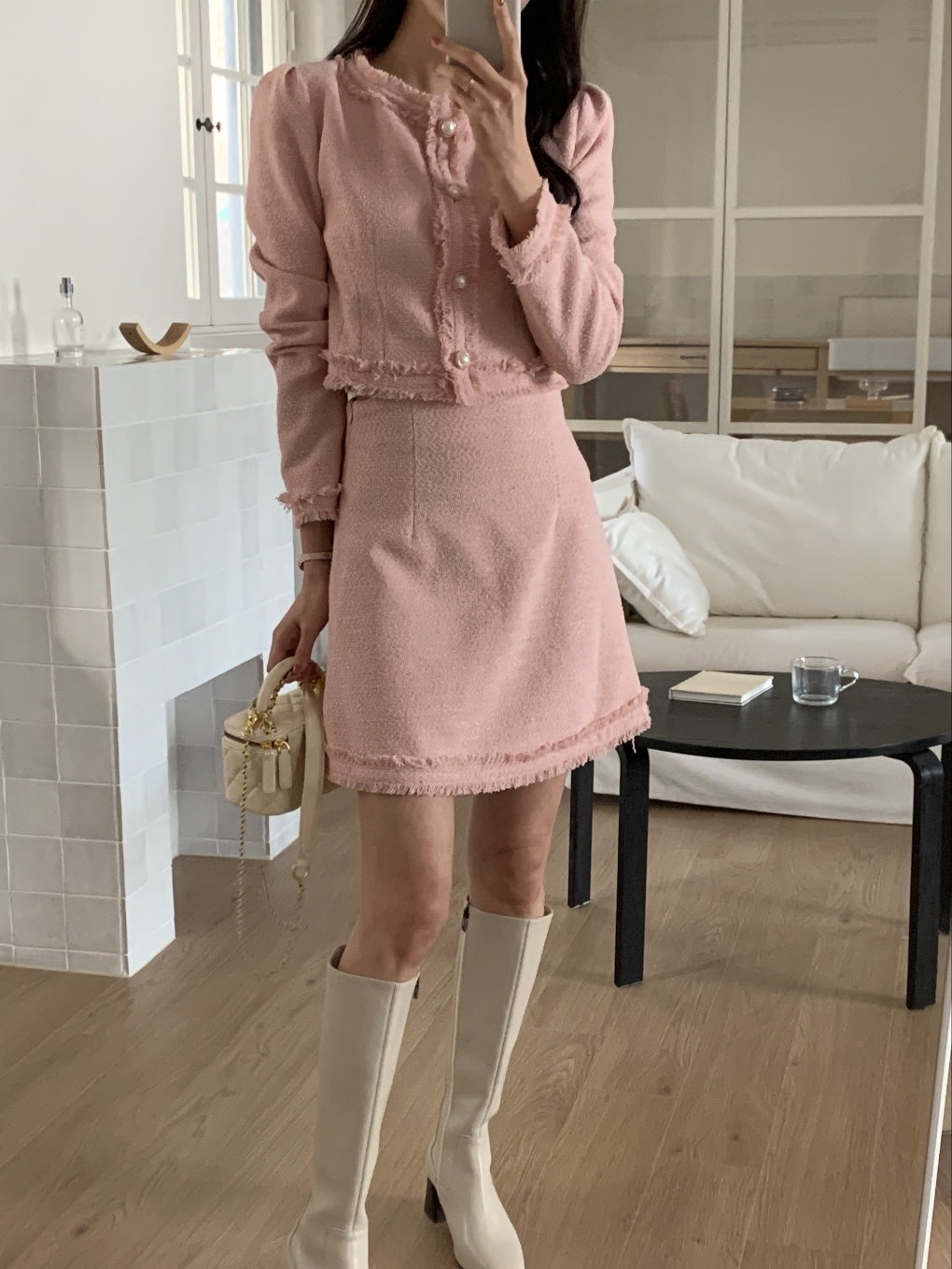 ツイードジップアップラウンドネックノーカラーパール調ボタンスリム長袖ミニセットアップスカートジャケット | 詳細画像6