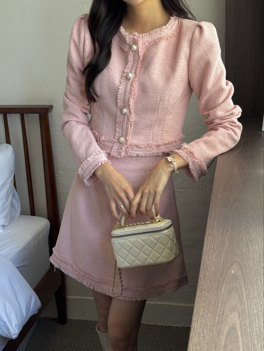 ツイードジップアップラウンドネックノーカラーパール調ボタンスリム長袖ミニセットアップスカートジャケット | 詳細画像14