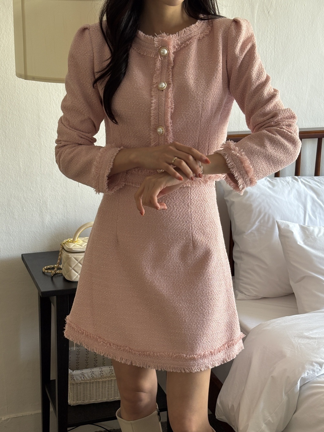 ツイードジップアップラウンドネックノーカラーパール調ボタンスリム長袖ミニセットアップスカートジャケット | 詳細画像19