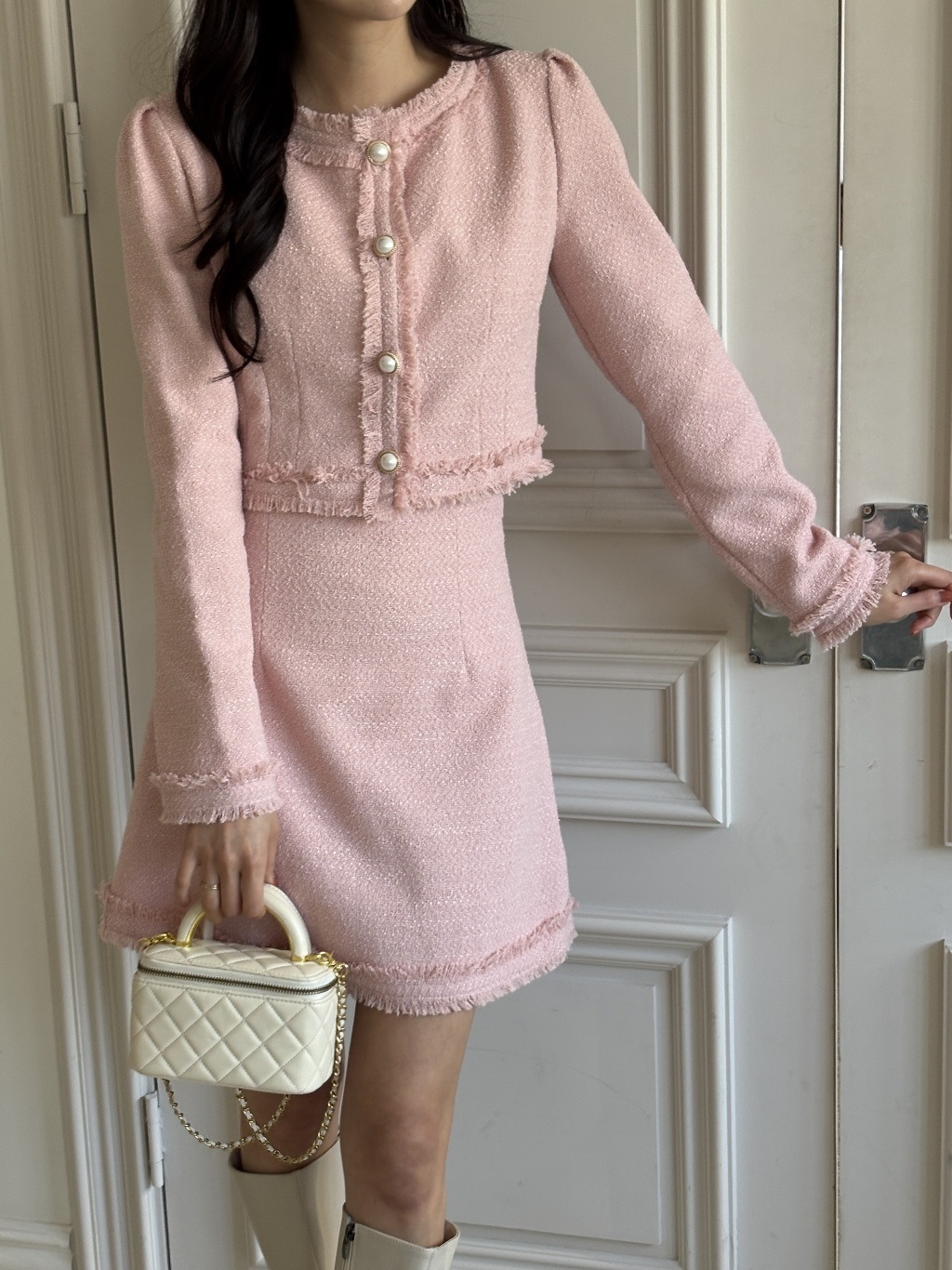 ツイードジップアップラウンドネックノーカラーパール調ボタンスリム長袖ミニセットアップスカートジャケット | 詳細画像11