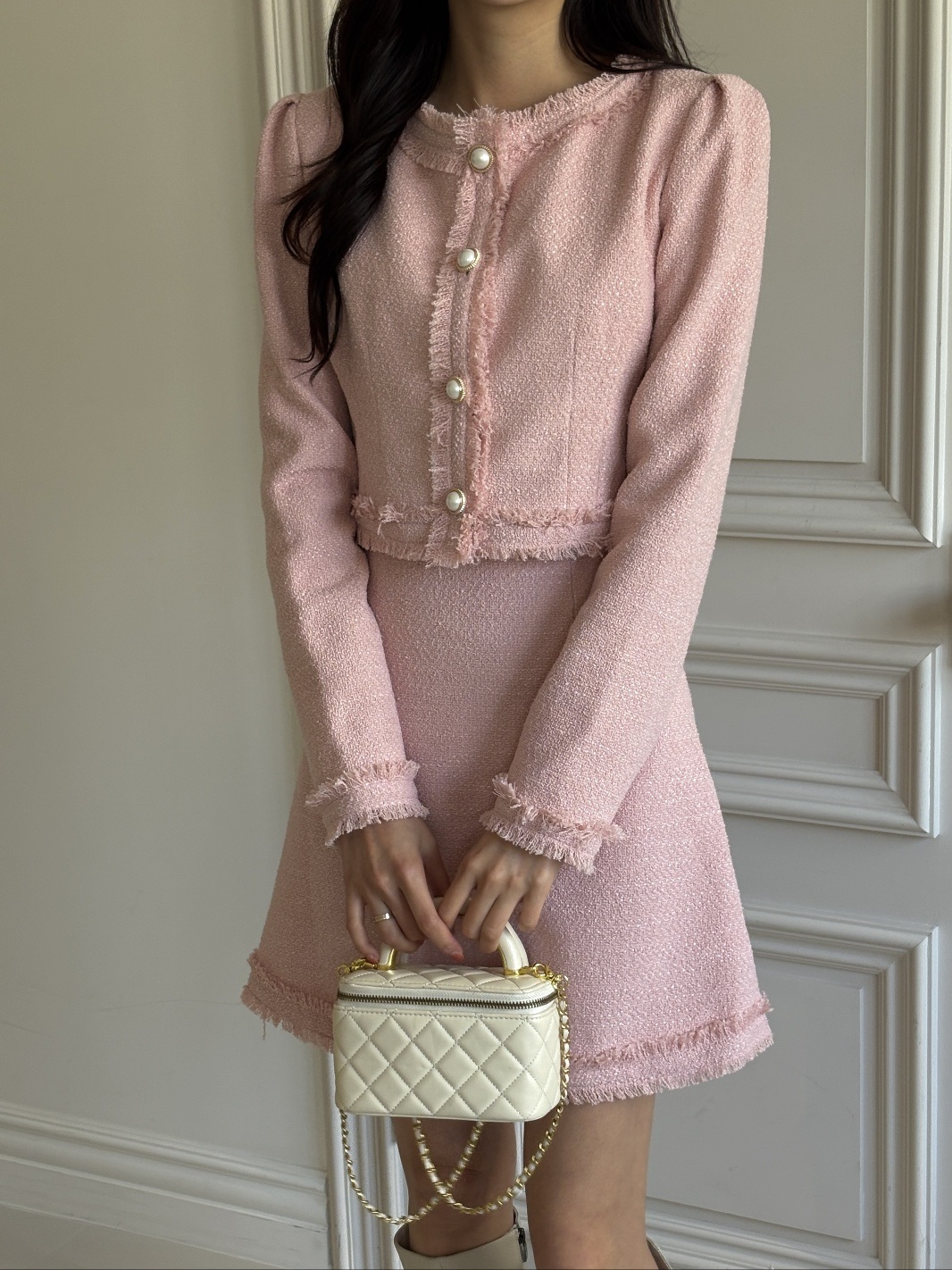 ツイードジップアップラウンドネックノーカラーパール調ボタンスリム長袖ミニセットアップスカートジャケット | 詳細画像15