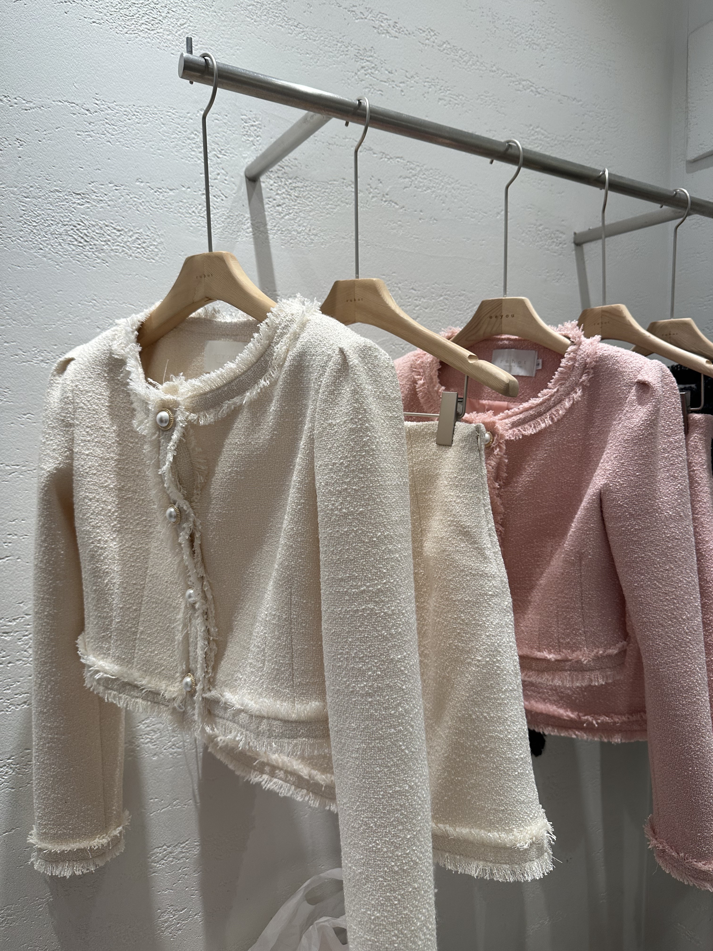 ツイードジップアップラウンドネックノーカラーパール調ボタンスリム長袖ミニセットアップスカートジャケット | 詳細画像23