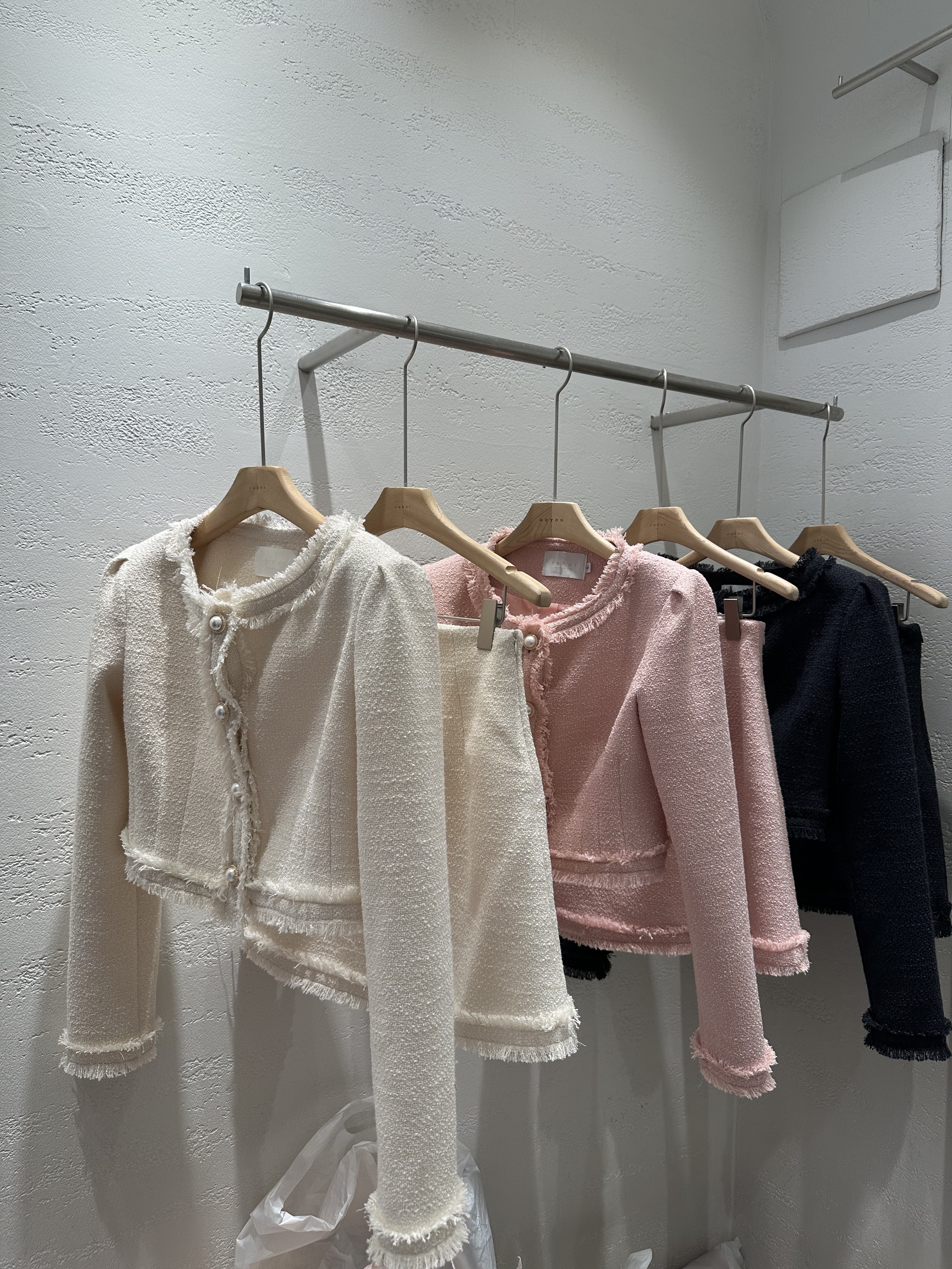 ツイードジップアップラウンドネックノーカラーパール調ボタンスリム長袖ミニセットアップスカートジャケット | 詳細画像21