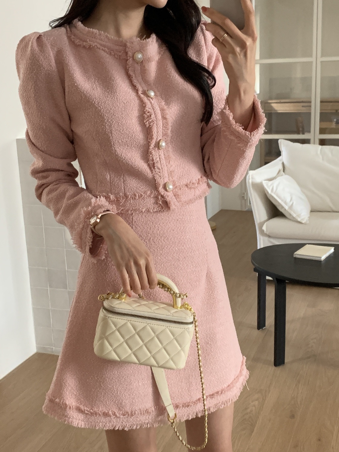 ツイードジップアップラウンドネックノーカラーパール調ボタンスリム長袖ミニセットアップスカートジャケット | 詳細画像5