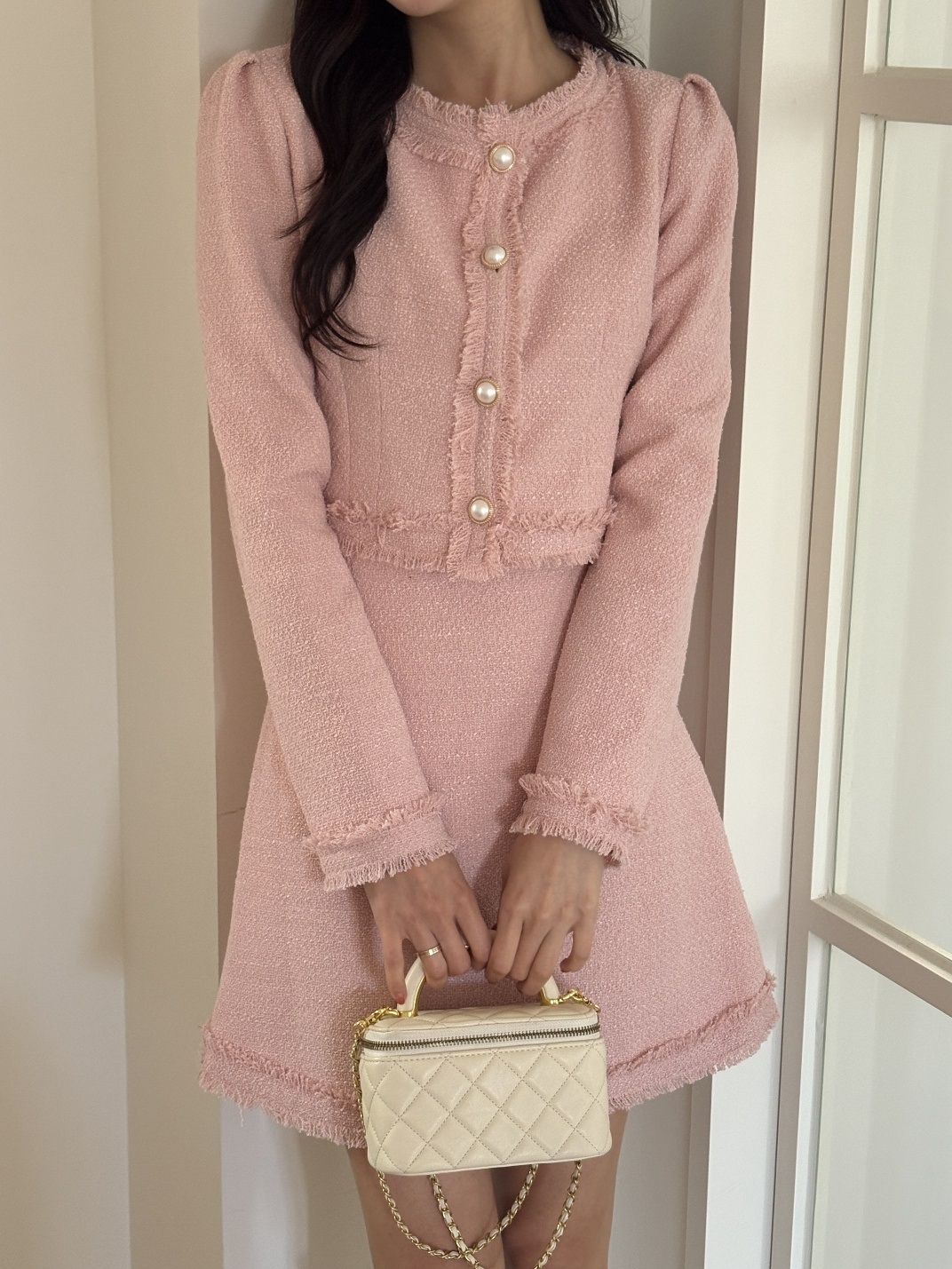 ツイードジップアップラウンドネックノーカラーパール調ボタンスリム長袖ミニセットアップスカートジャケット | 詳細画像16