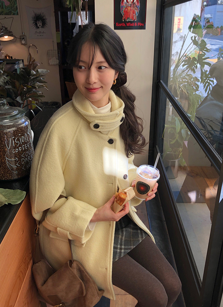 ウール混カラーハイネックボタンポケットハーフカラーコート