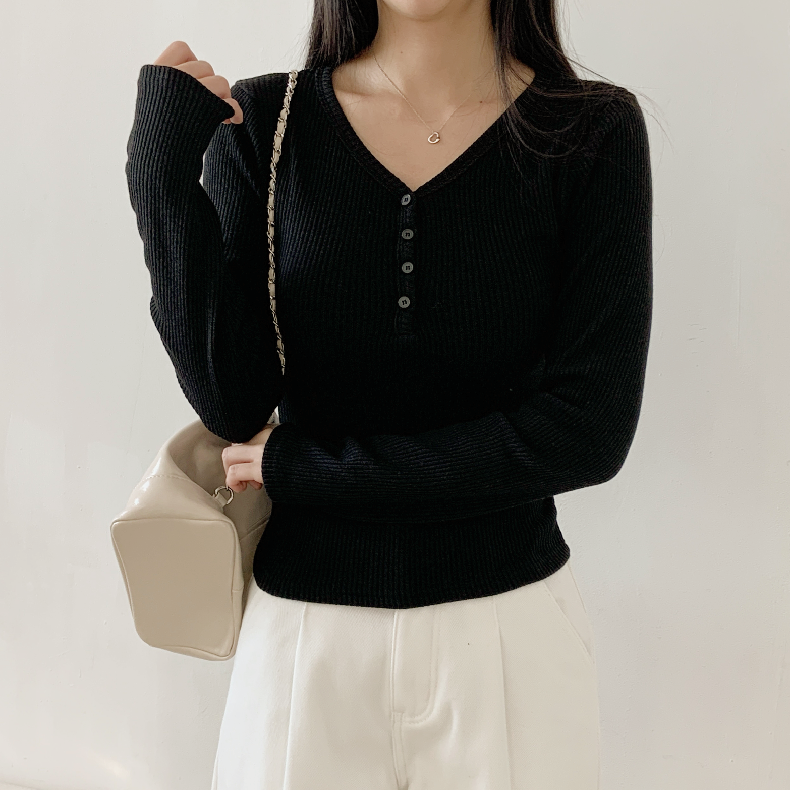 裏起毛ストレッチボタンVネックスリム長袖Tシャツ | 詳細画像18