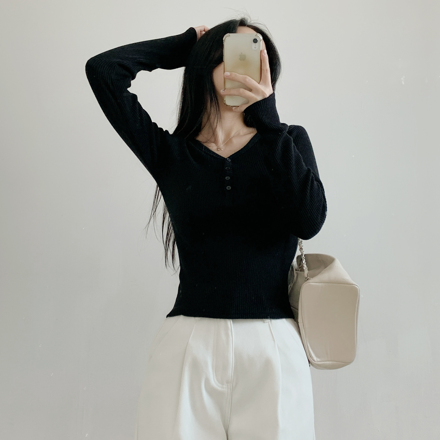 裏起毛ストレッチボタンVネックスリム長袖Tシャツ | 詳細画像16