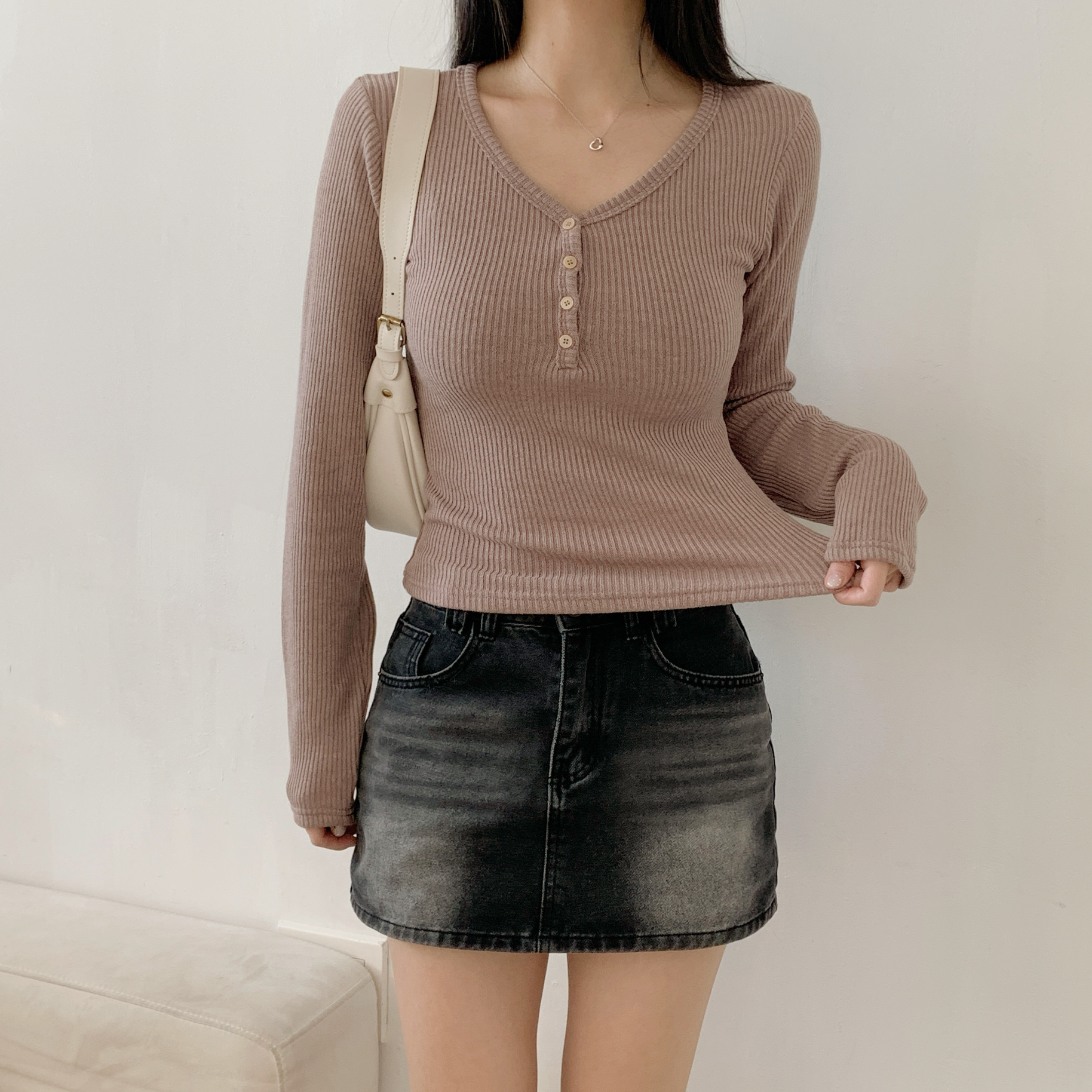 裏起毛ストレッチボタンVネックスリム長袖Tシャツ | 詳細画像12