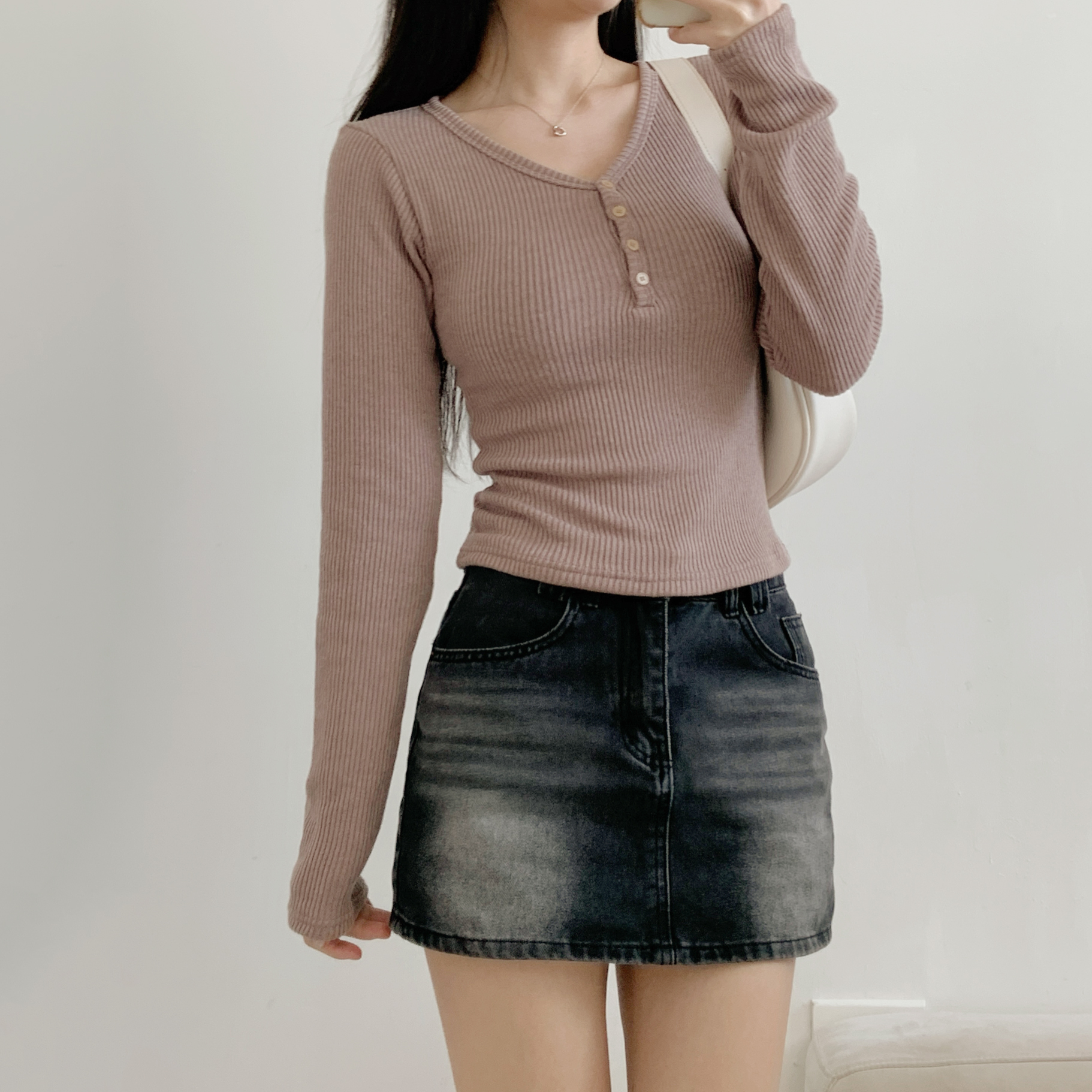 裏起毛ストレッチボタンVネックスリム長袖Tシャツ | 詳細画像15