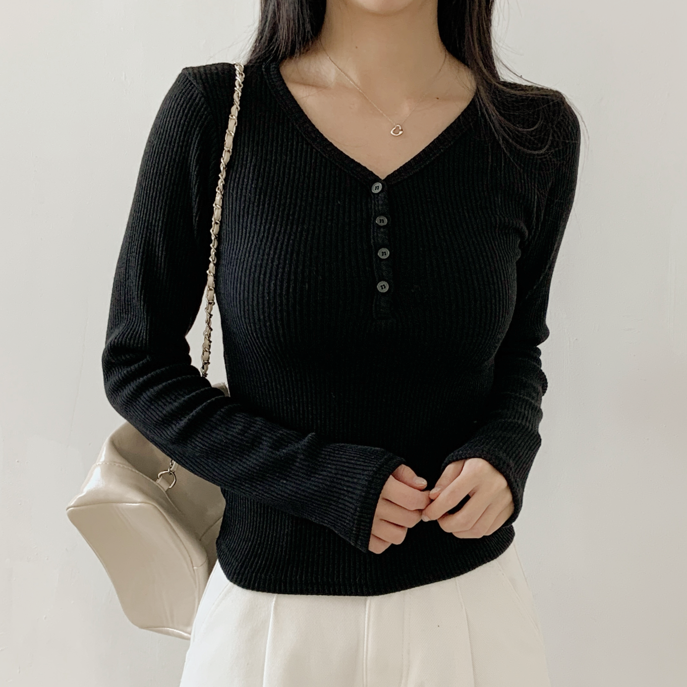 裏起毛ストレッチボタンVネックスリム長袖Tシャツ | 詳細画像17