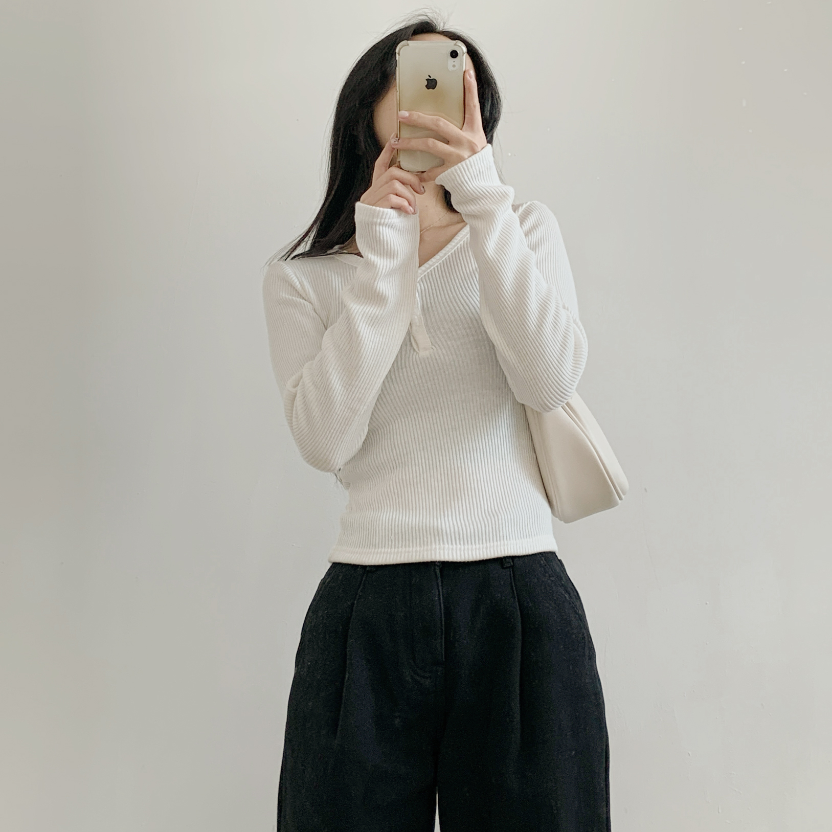 裏起毛ストレッチボタンVネックスリム長袖Tシャツ | 詳細画像5