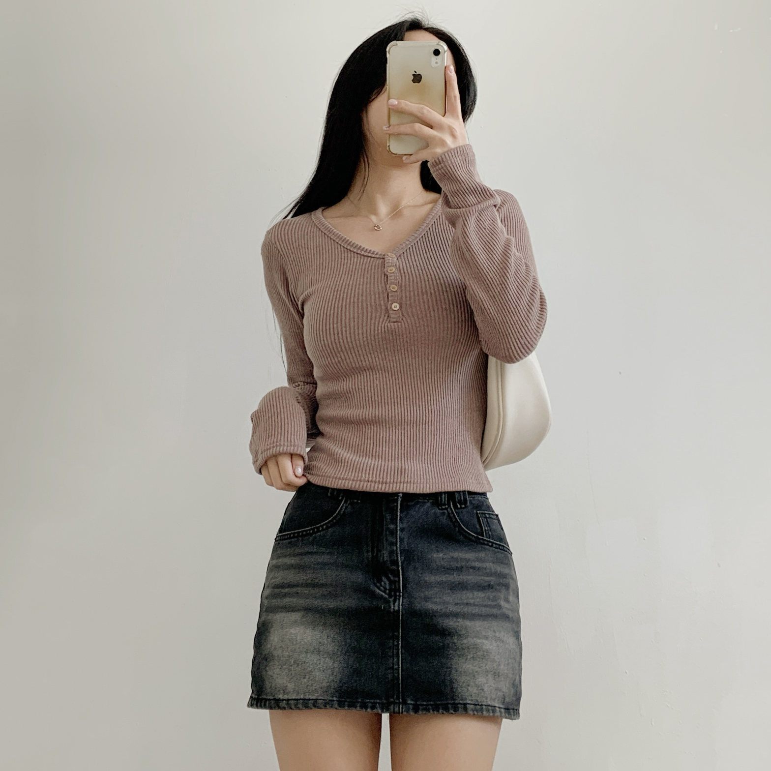 裏起毛ストレッチボタンVネックスリム長袖Tシャツ | 詳細画像14