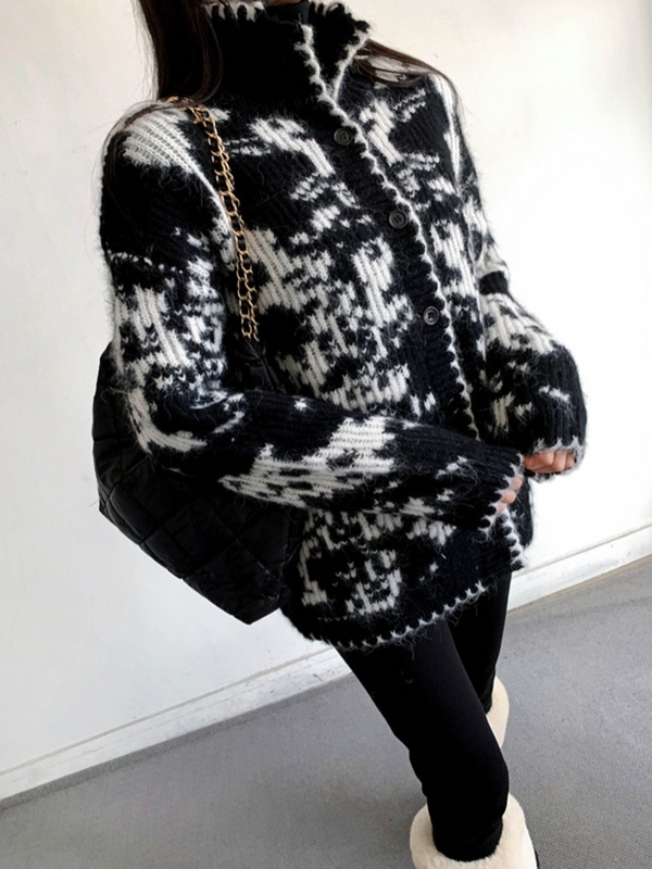 ニットボタンハイネックルーズ長袖プリントカーディガン | 詳細画像4