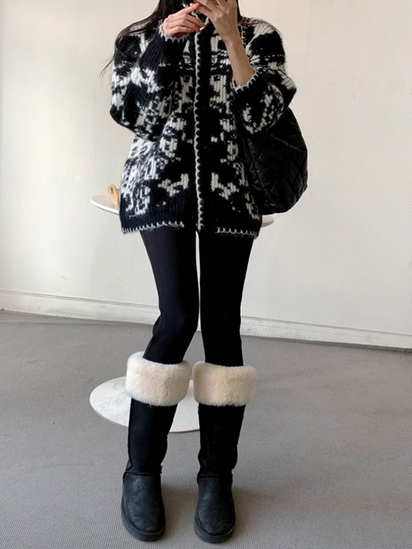 ニットボタンハイネックルーズ長袖プリントカーディガン | 詳細画像3