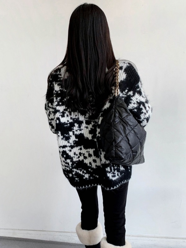 ニットボタンハイネックルーズ長袖プリントカーディガン | 詳細画像6