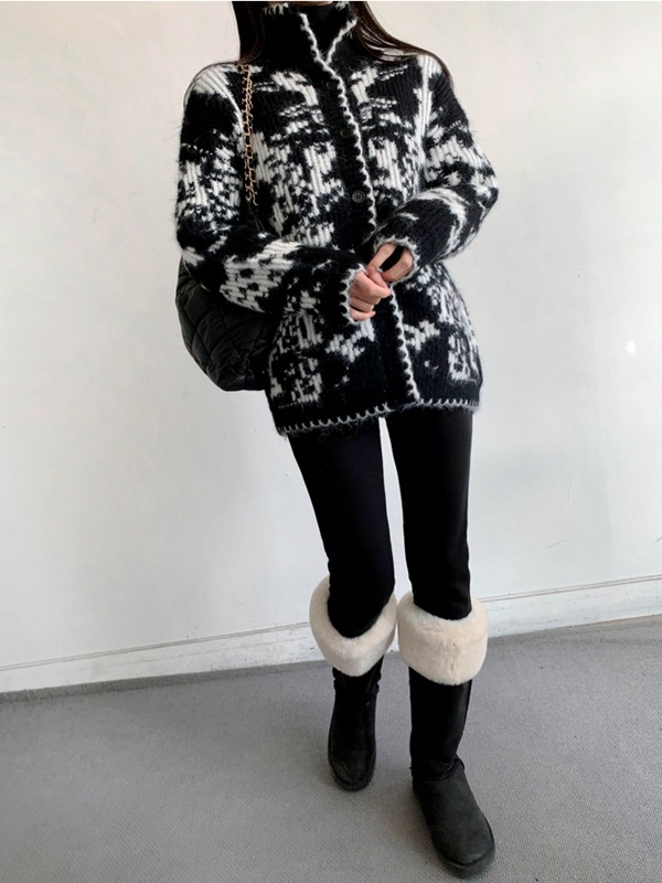 ニットボタンハイネックルーズ長袖プリントカーディガン | 詳細画像5