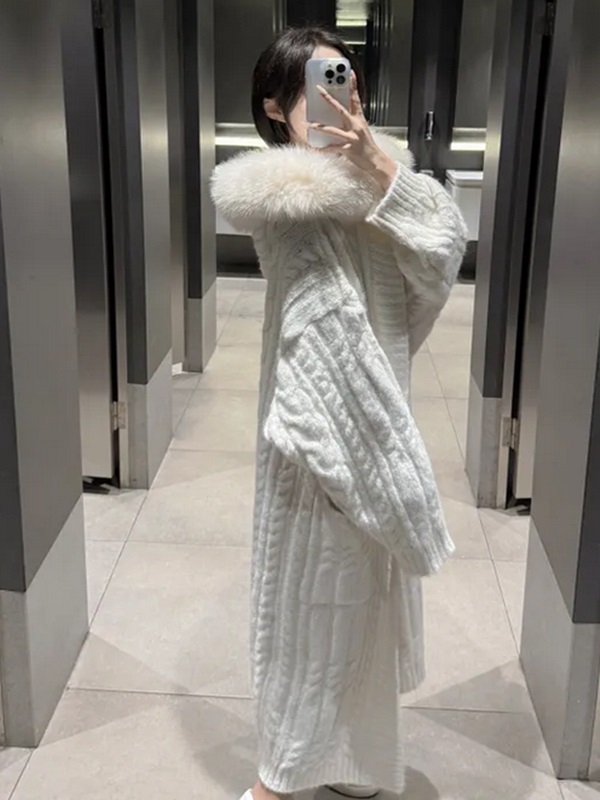 ニットエコファーフードロングルーズカーディガンファーセット | 詳細画像3