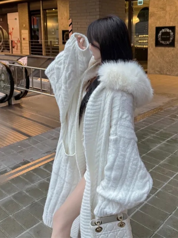 ニットエコファーフードロングルーズカーディガンファーセット | 詳細画像6