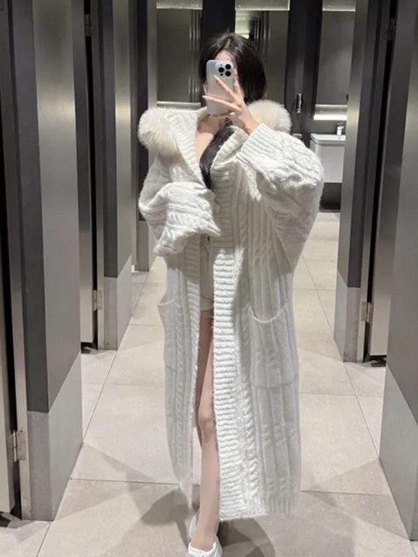 ニットエコファーフードロングルーズカーディガンファーセット | 詳細画像4