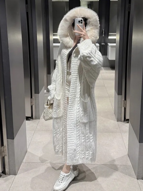 ニットエコファーフードロングルーズカーディガンファーセット | 詳細画像2