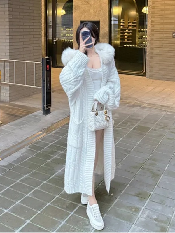 ニットエコファーフードロングルーズカーディガンファーセット | 詳細画像8