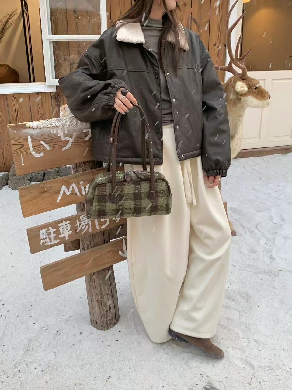 レザー調ジップアップチェックトートバッグ | 詳細画像3