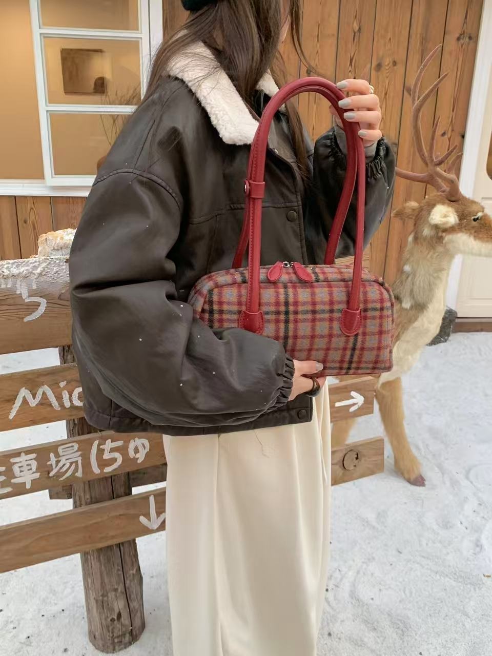 レザー調ジップアップチェックトートバッグ | 詳細画像7