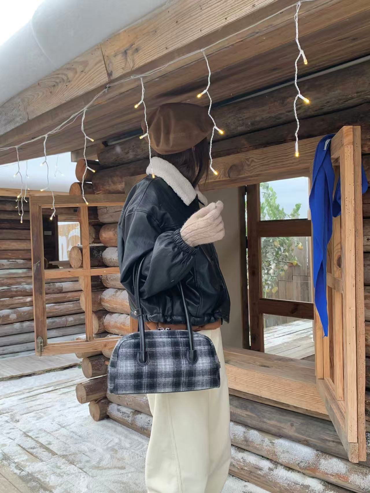 レザー調ジップアップチェックトートバッグ | 詳細画像13