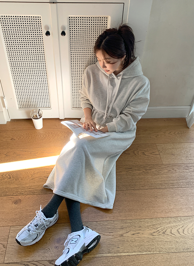 裏起毛フードドローストリングロング長袖ワンピーストレーニング