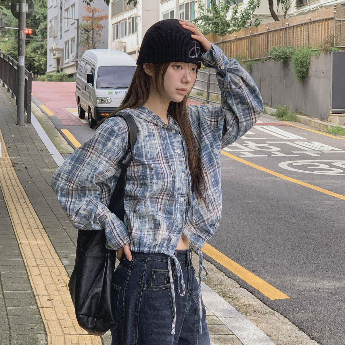 フード長袖ドローストリングボタンチェックシャツ | レディース