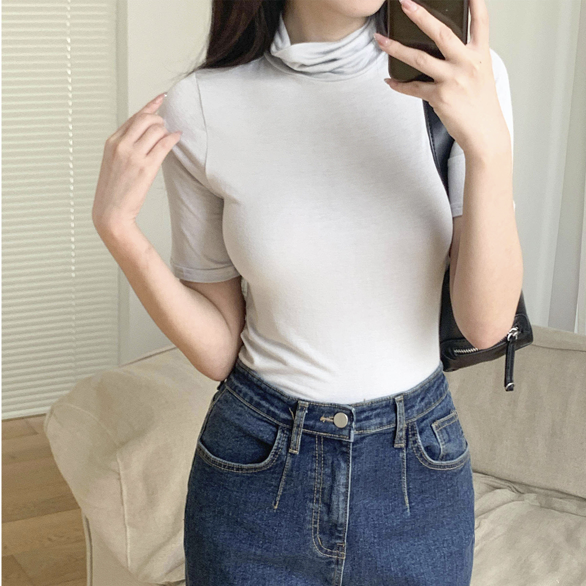 45R 半袖タートル ストレッチ半袖タートルネックスリムギャザーTシャツ | レディース