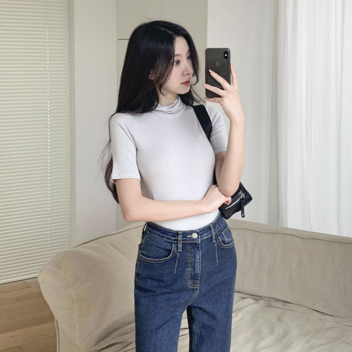 ストレッチ半袖タートルネックスリムギャザーTシャツ | レディース