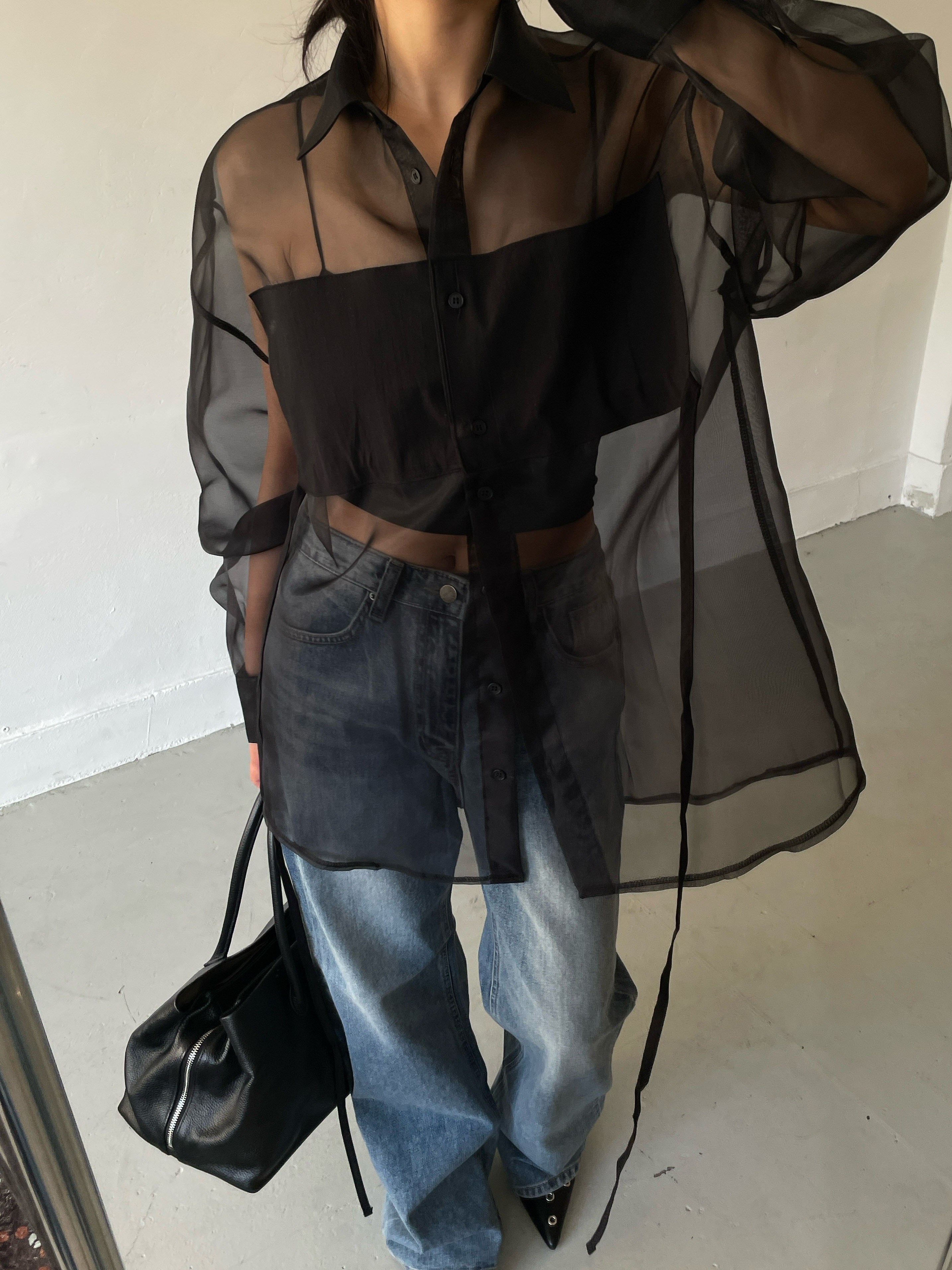 オーガンジーシースルーカラーロングバックリボンシャツ | 詳細画像13