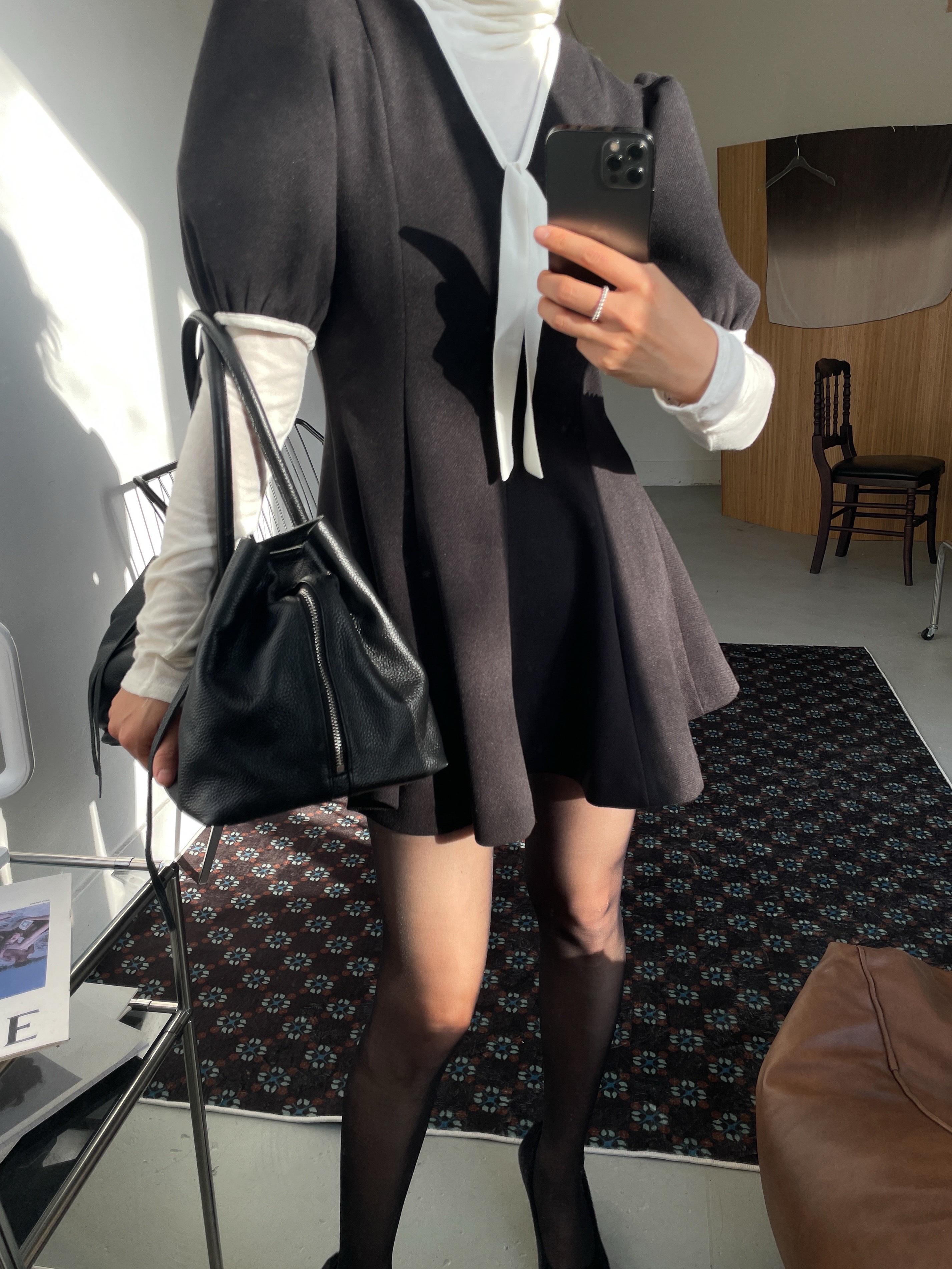 リボンVネックパフスリーブ半袖サイドジップミニ配色ワンピース | 詳細画像5