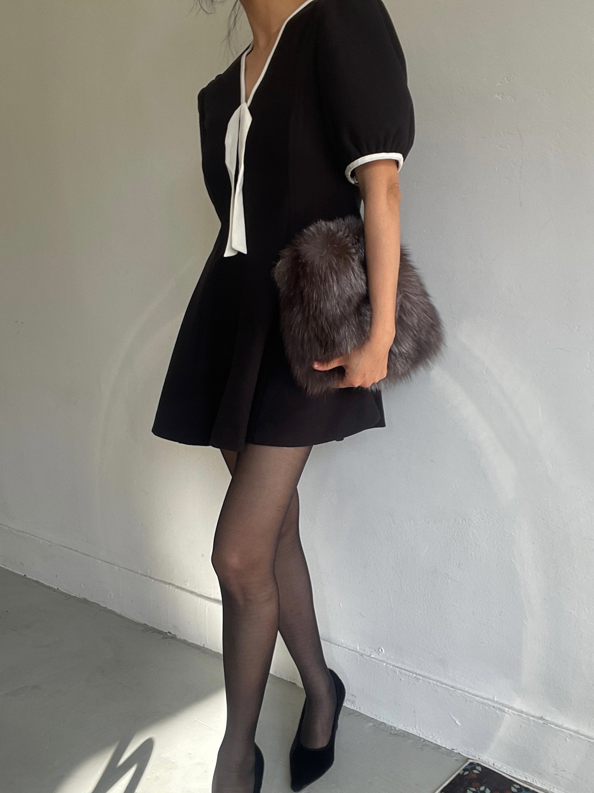 リボンVネックパフスリーブ半袖サイドジップミニ配色ワンピース | 詳細画像15