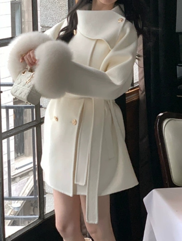 ウール混フォックスファーラグランハーフコートストラップ付 | 詳細画像6