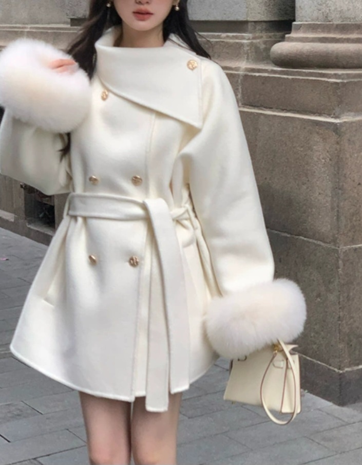 ウール混フォックスファーラグランハーフコートストラップ付 | 詳細画像8