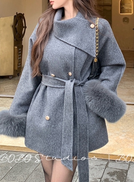 ウール混フォックスファーラグランハーフコートストラップ付 | 詳細画像4