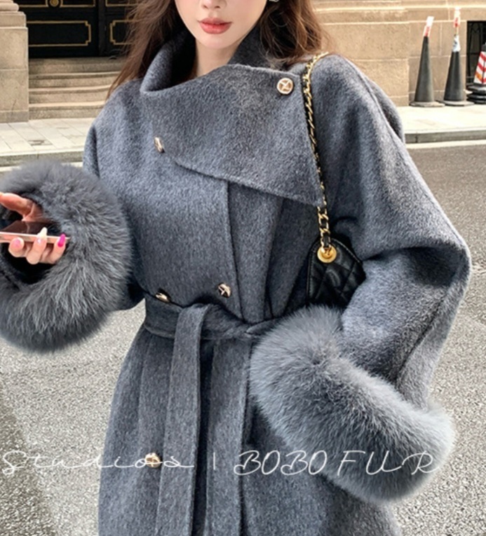 ウール混フォックスファーラグランハーフコートストラップ付 | 詳細画像5