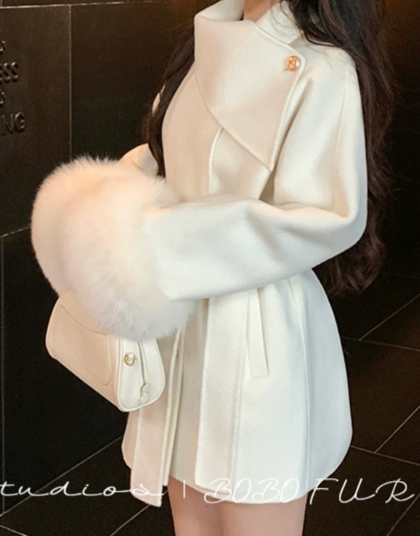 ウール混フォックスファーラグランハーフコートストラップ付 | 詳細画像10