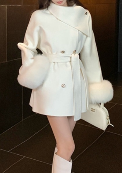 ウール混フォックスファーラグランハーフコートストラップ付 | 詳細画像9