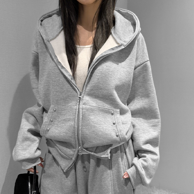裏起毛ダブルジップ長袖ルーズスタッズポケットジップパーカー